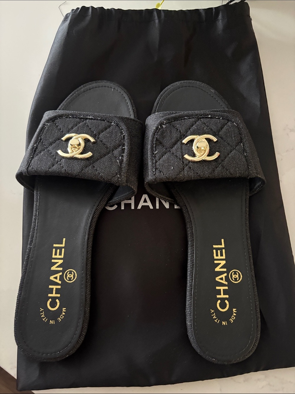 CHANEL Black Quilted CC Logo Slide Sandals 37c